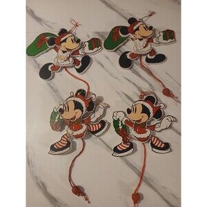 Vintage Disney Wooden Pull String Ornament Set Mickey & Minnie Christmas